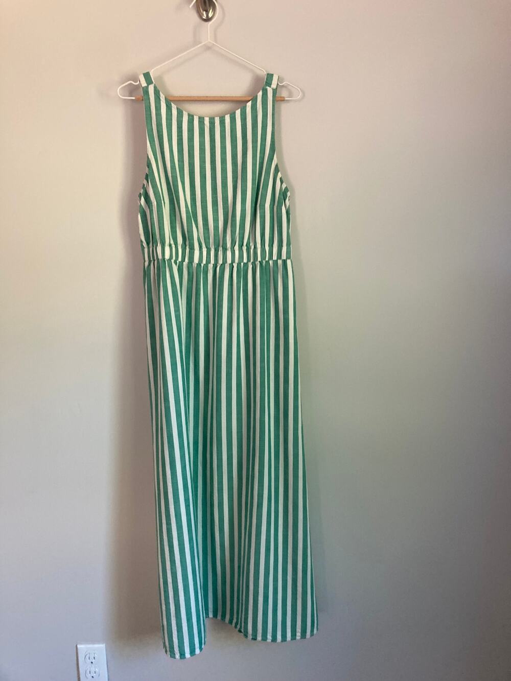 Green White Striped Midi Dress European Travel Vacation Fall Dress